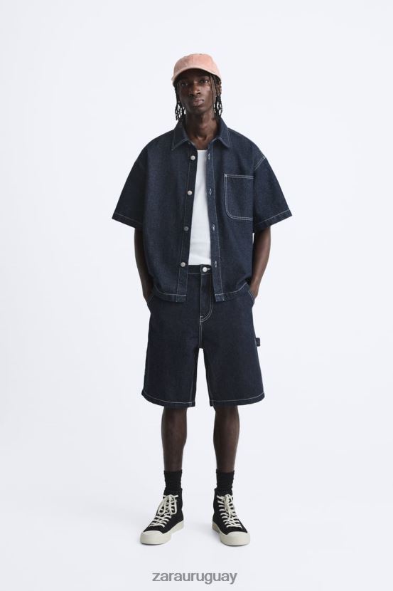 Zara pantalones cortos con bolsillo de carpintero hombres H6RHL21245 azul ropa