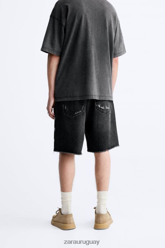 Zara pantalones cortos de mezclilla rotos hombres H6RHL21241 negro ropa
