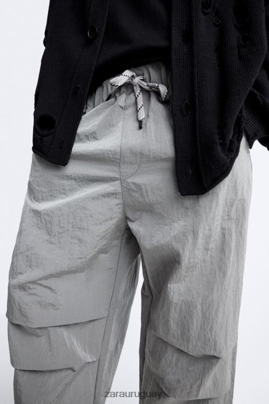 Zara pantalones técnicos de paracaídas hombres H6RHL2953 plata ropa