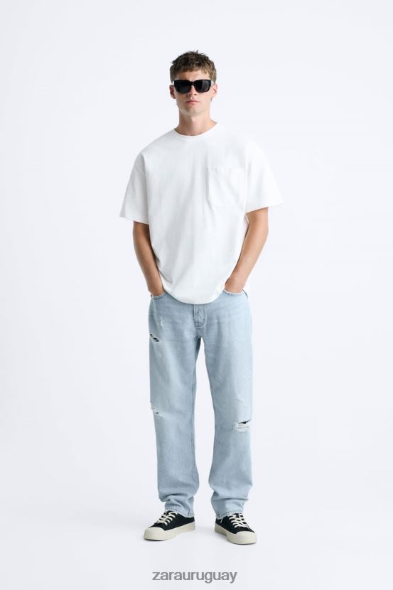 Zara jeans rectos rotos hombres H6RHL21090 azul medio ropa