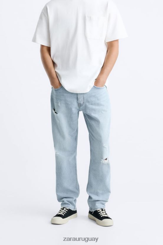 Zara jeans rectos rotos hombres H6RHL21090 azul medio ropa