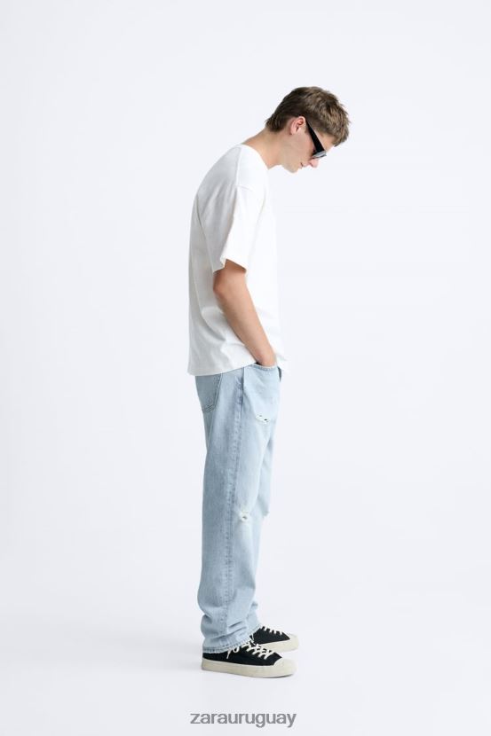 Zara jeans rectos rotos hombres H6RHL21090 azul medio ropa