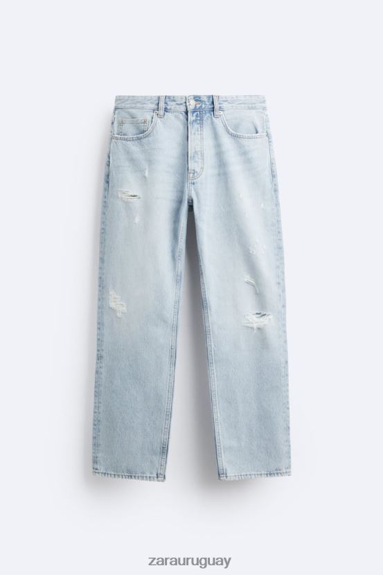 Zara jeans rectos rotos hombres H6RHL21090 azul medio ropa
