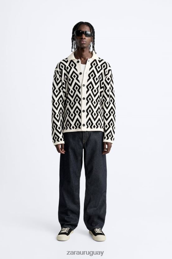 Zara cárdigan de punto en jacquard geométrico hombres H6RHL21046 crudo ropa