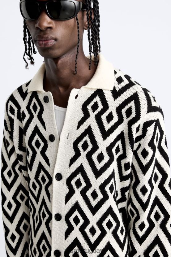 Zara cárdigan de punto en jacquard geométrico hombres H6RHL21046 crudo ropa