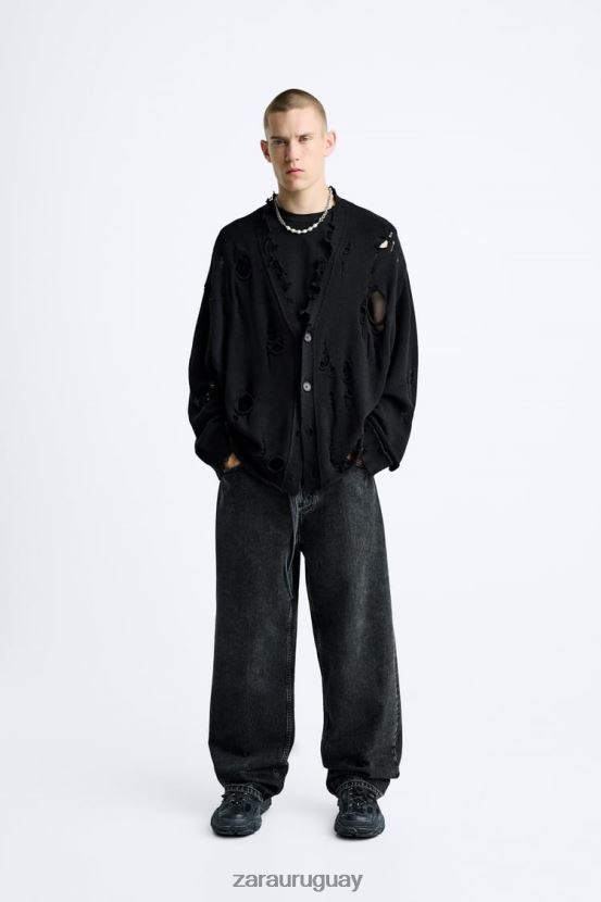 Zara cárdigan estructurado con desgarros hombres H6RHL21030 negro ropa