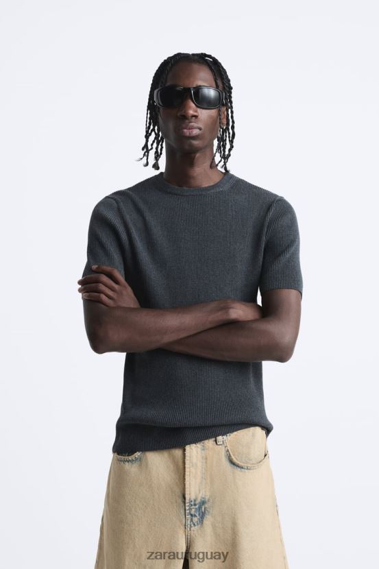 Zara camiseta ajustada de punto hombres H6RHL21038 carbón ropa