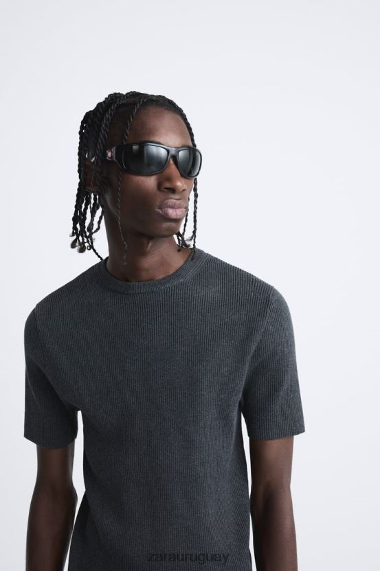 Zara camiseta ajustada de punto hombres H6RHL21038 carbón ropa