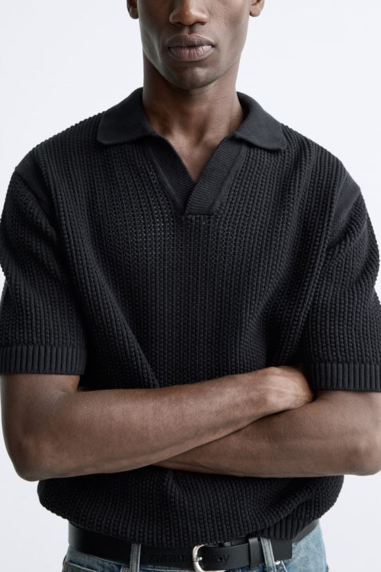 Zara polo tejido a crochet hombres H6RHL21025 negro ropa