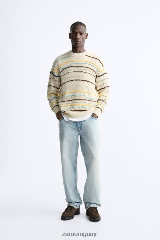 Zara suéter texturizado a rayas hombres H6RHL21031 crudo ropa