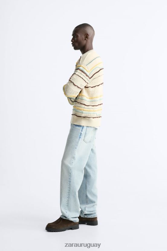 Zara suéter texturizado a rayas hombres H6RHL21031 crudo ropa