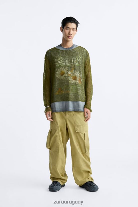 Zara suéter texturizado de malla hombres H6RHL21035 verde ropa