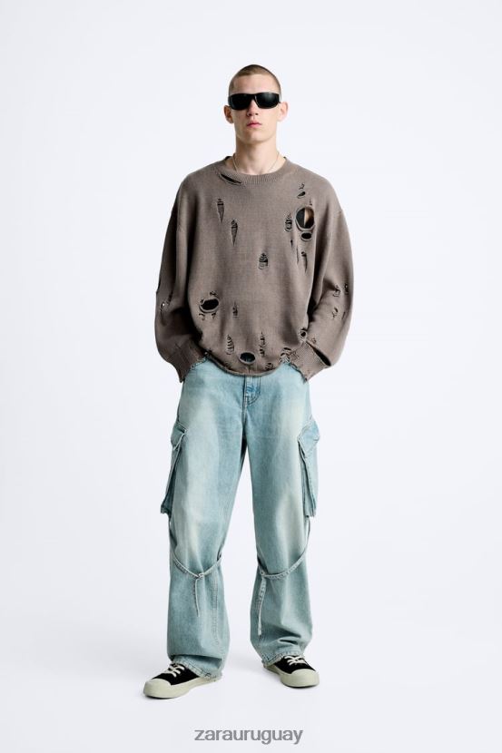 Zara suéter texturizado roto hombres H6RHL21029 piedra ropa