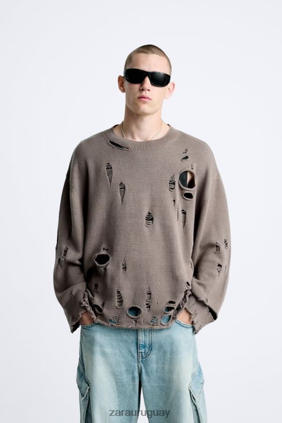 Zara suéter texturizado roto hombres H6RHL21029 piedra ropa