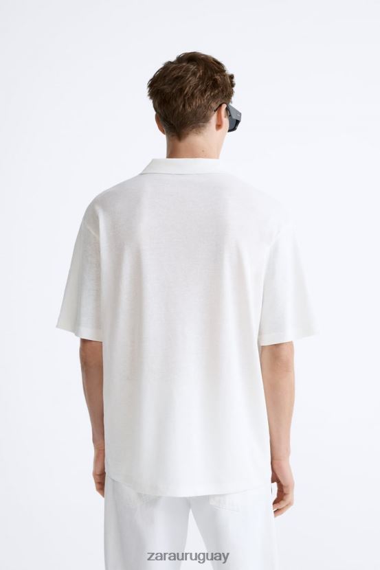 Zara polo de mezcla de lino y algodón hombres H6RHL21221 ostra blanca ropa