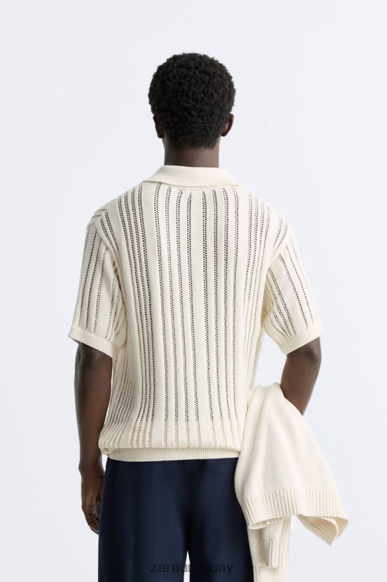 Zara polo de punto de crochet texturizado hombres H6RHL21233 beige ropa