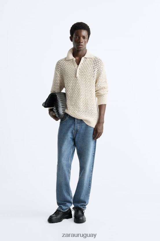 Zara polo de punto de crochet texturizado hombres H6RHL21234 crudo ropa