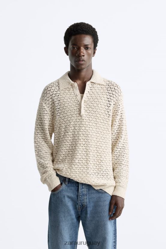 Zara polo de punto de crochet texturizado hombres H6RHL21234 crudo ropa