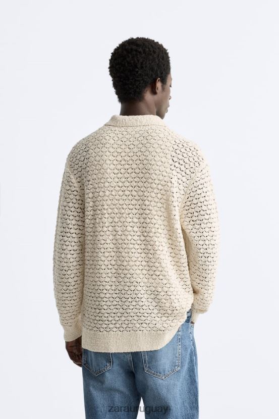 Zara polo de punto de crochet texturizado hombres H6RHL21234 crudo ropa