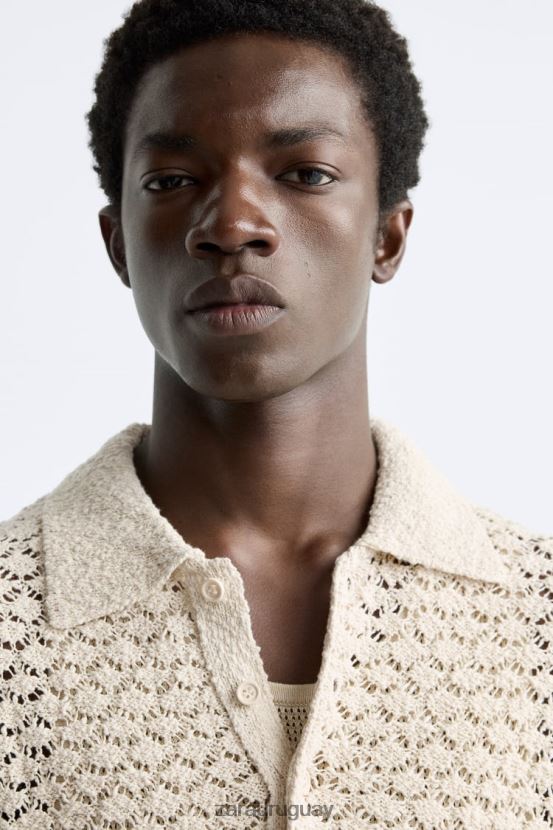 Zara polo de punto de crochet texturizado hombres H6RHL21234 crudo ropa