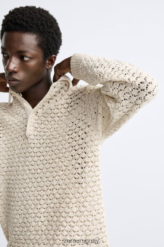 Zara polo de punto de crochet texturizado hombres H6RHL21234 crudo ropa