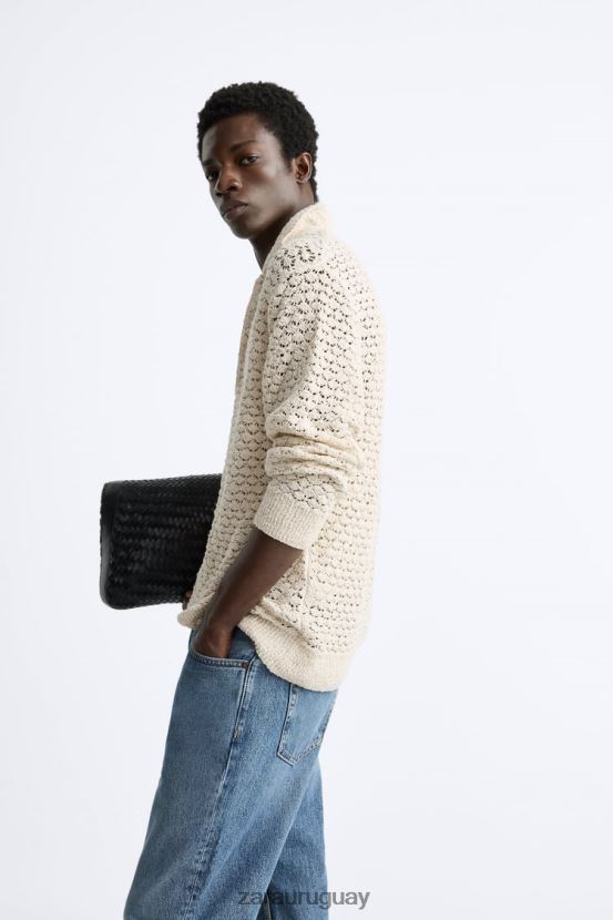 Zara polo de punto de crochet texturizado hombres H6RHL21234 crudo ropa