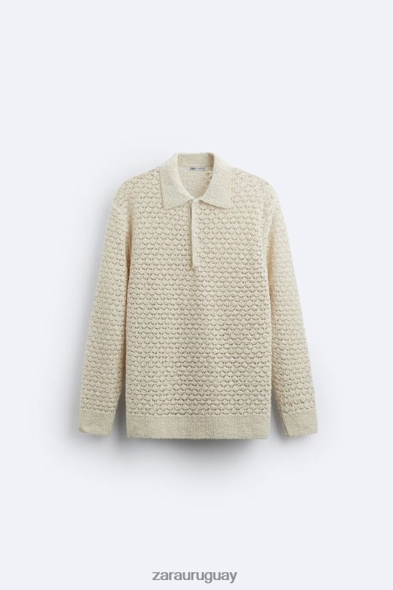 Zara polo de punto de crochet texturizado hombres H6RHL21234 crudo ropa
