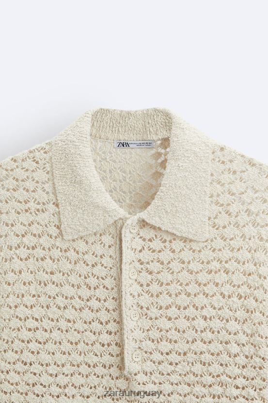 Zara polo de punto de crochet texturizado hombres H6RHL21234 crudo ropa