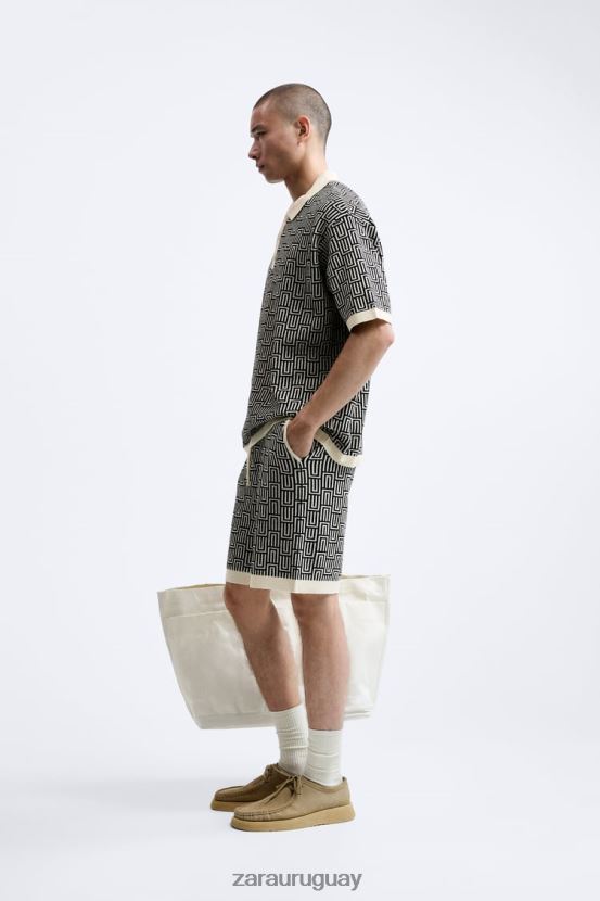 Zara suéter tipo polo de punto geométrico en jacquard hombres H6RHL21225 crudo ropa