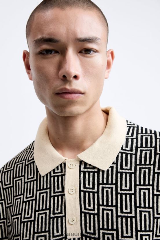 Zara suéter tipo polo de punto geométrico en jacquard hombres H6RHL21225 crudo ropa