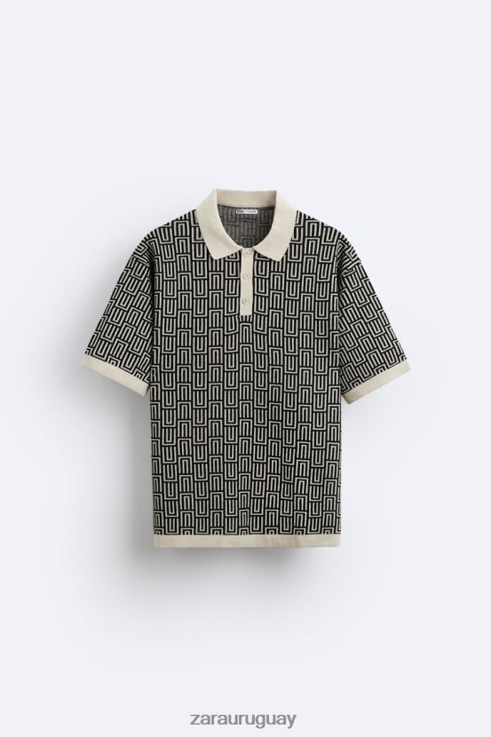 Zara suéter tipo polo de punto geométrico en jacquard hombres H6RHL21225 crudo ropa