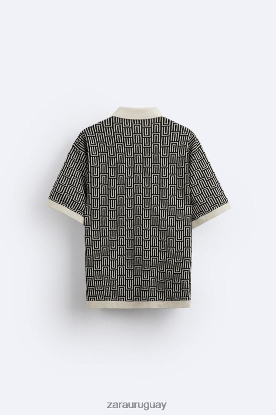 Zara suéter tipo polo de punto geométrico en jacquard hombres H6RHL21225 crudo ropa