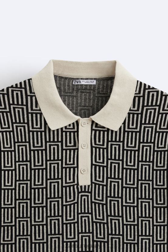 Zara suéter tipo polo de punto geométrico en jacquard hombres H6RHL21225 crudo ropa