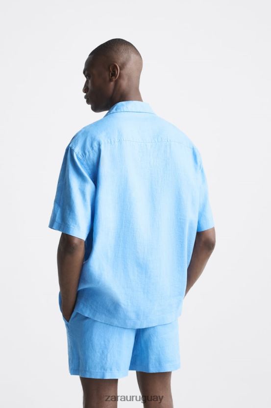 Zara camisa 100% lino hombres H6RHL21019 azulado ropa