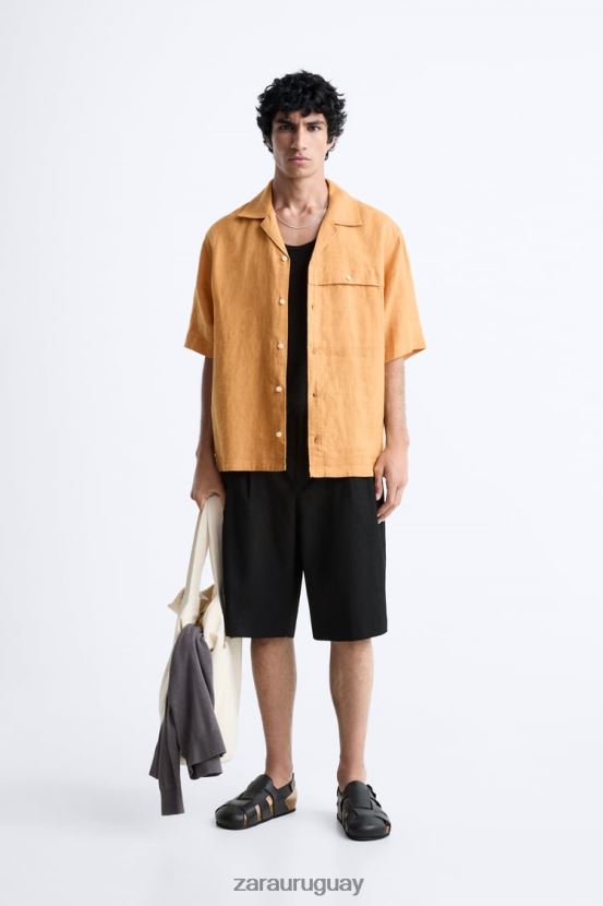 Zara camisa 100% lino hombres H6RHL21022 naranja ropa