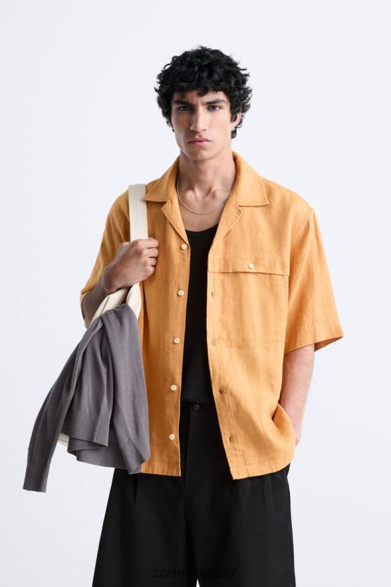 Zara camisa 100% lino hombres H6RHL21022 naranja ropa