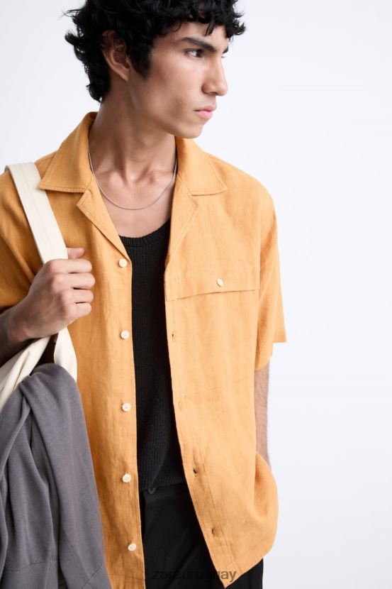 Zara camisa 100% lino hombres H6RHL21022 naranja ropa