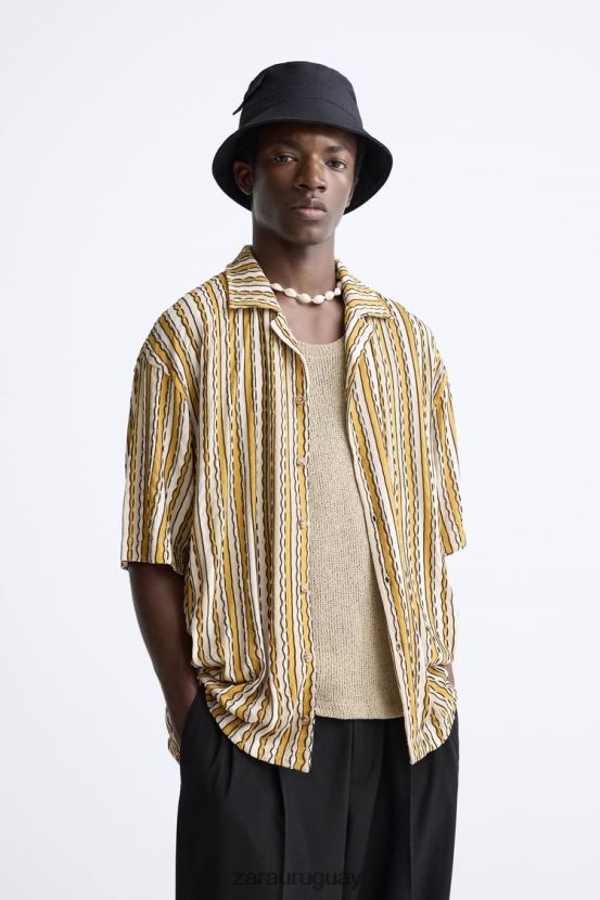 Zara camisa a rayas jacquard hombres H6RHL2989 crudo/amarillo ropa