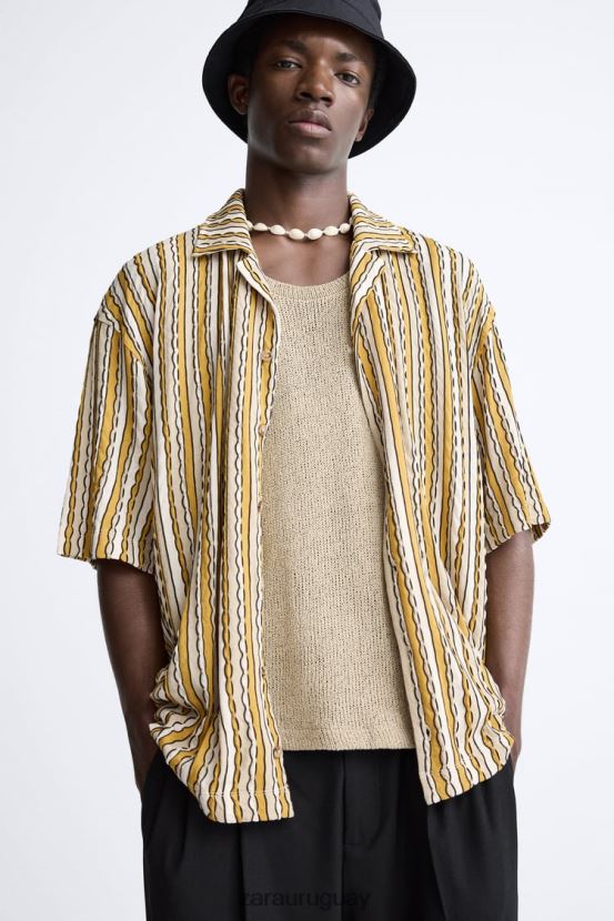 Zara camisa a rayas jacquard hombres H6RHL2989 crudo/amarillo ropa