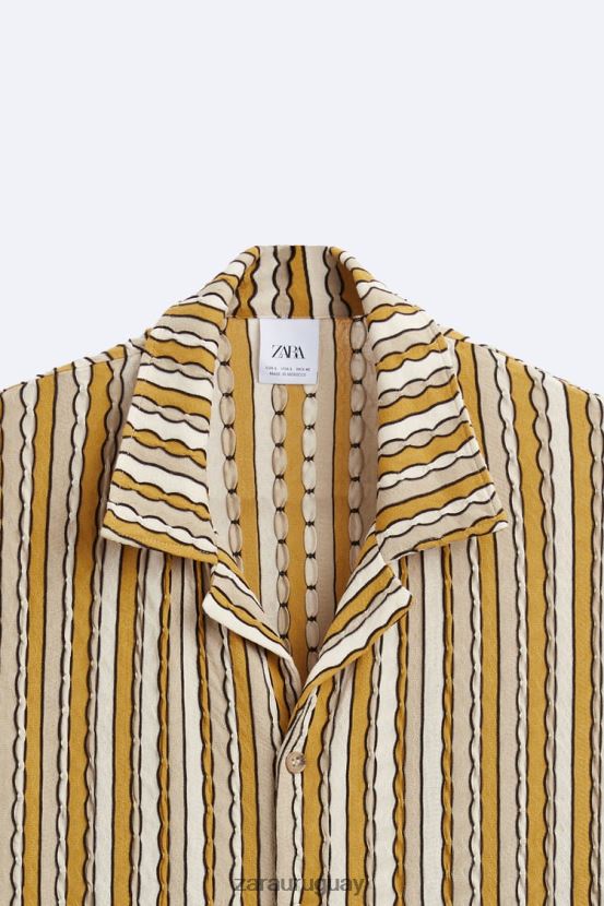 Zara camisa a rayas jacquard hombres H6RHL2989 crudo/amarillo ropa