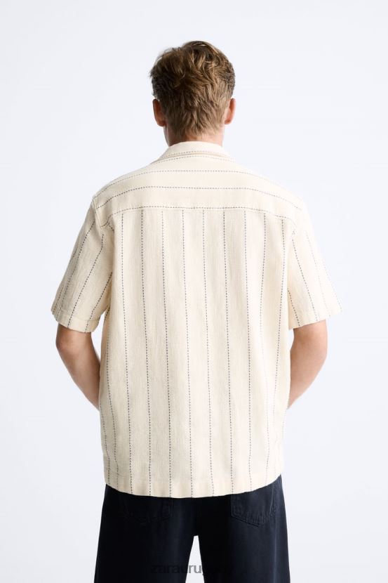 Zara camisa a rayas texturizada hombres H6RHL2968 beige ropa