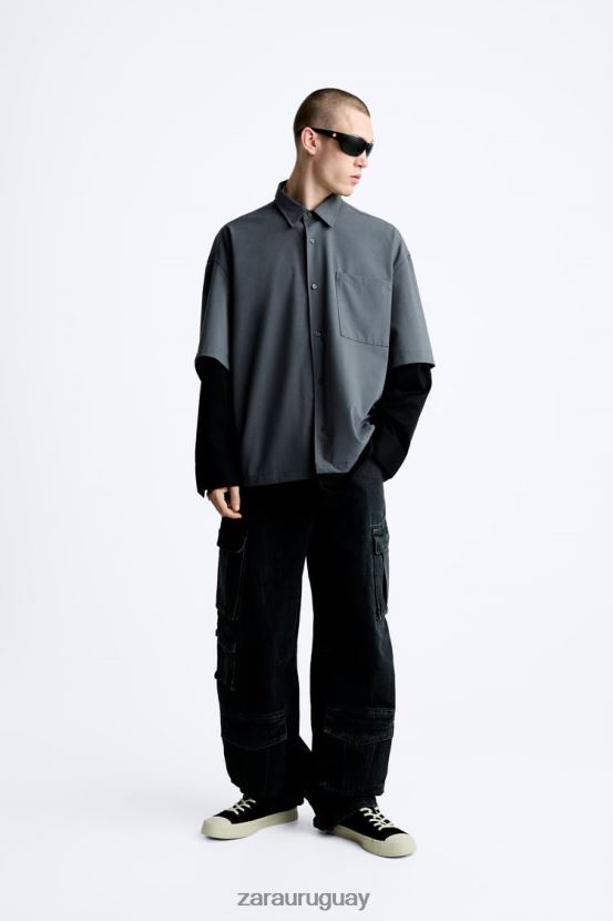 Zara camisa con mangas a capas hombres H6RHL2974 gris antracita ropa