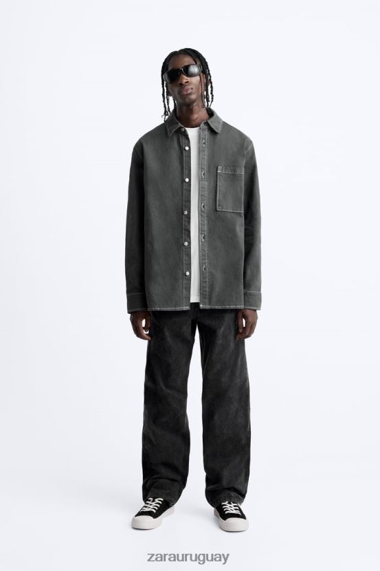 Zara camisa con pespuntes en contraste hombres H6RHL2976 gris oscuro ropa
