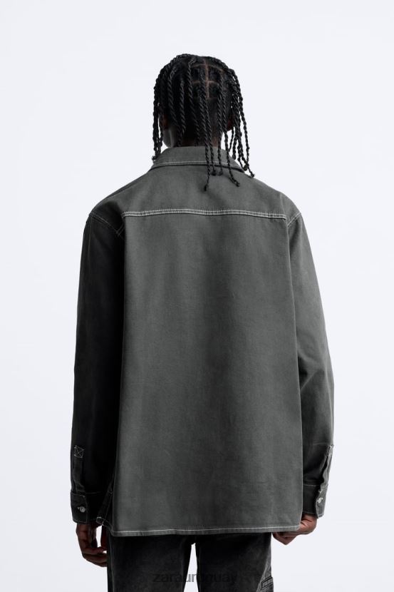 Zara camisa con pespuntes en contraste hombres H6RHL2976 gris oscuro ropa