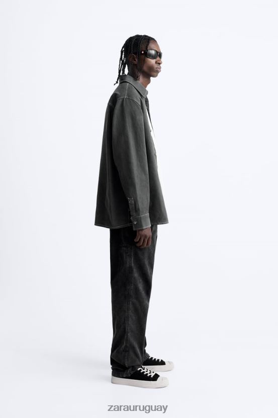 Zara camisa con pespuntes en contraste hombres H6RHL2976 gris oscuro ropa