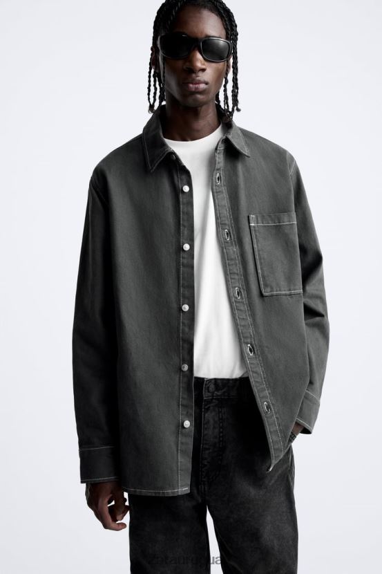 Zara camisa con pespuntes en contraste hombres H6RHL2976 gris oscuro ropa