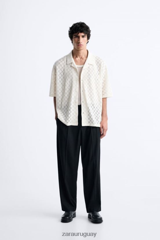 Zara camisa con textura de crochet hombres H6RHL21009 beige ropa