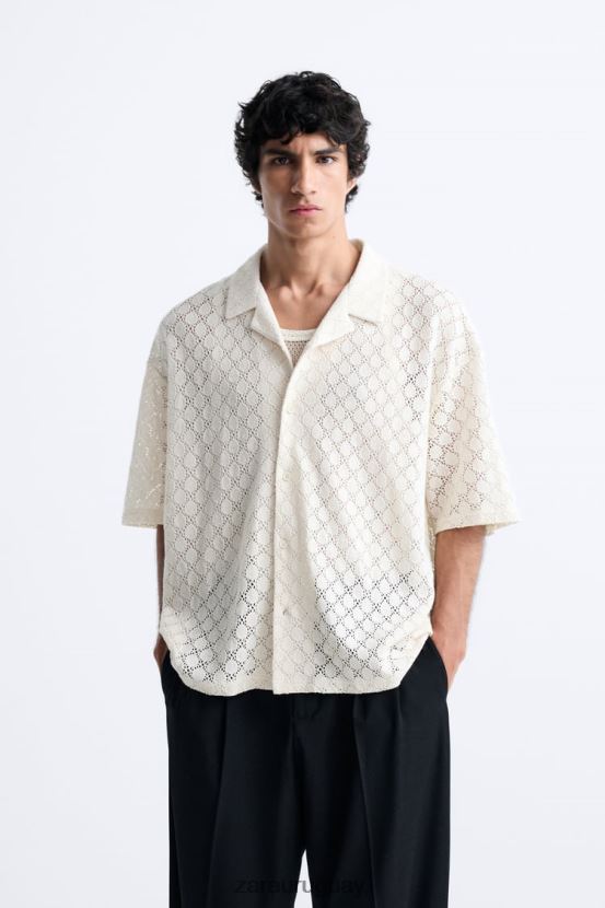 Zara camisa con textura de crochet hombres H6RHL21009 beige ropa