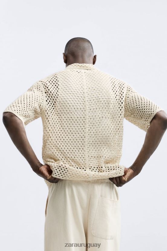 Zara camisa con textura de crochet hombres H6RHL21010 blanco ropa