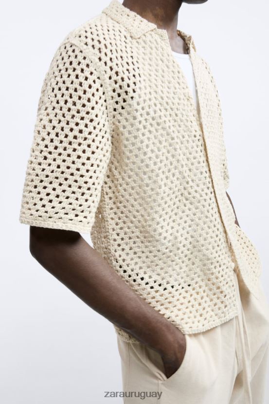 Zara camisa con textura de crochet hombres H6RHL21010 blanco ropa